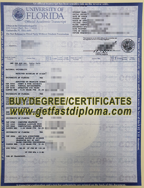  University of Florida Certificate transcript sample