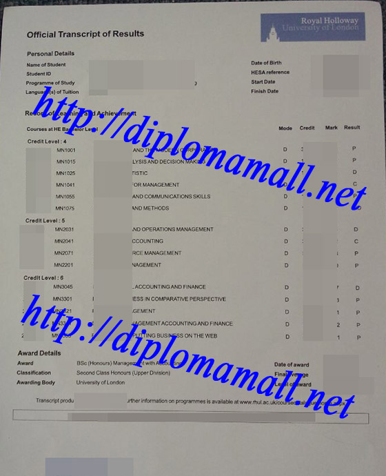 Transcript from Royal Holloway, University of London Transcript from Royal Holloway, University of London