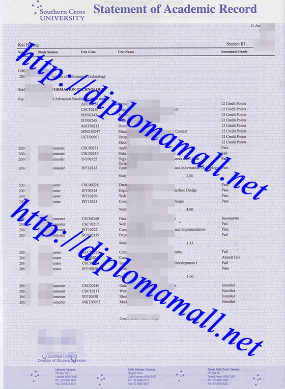Southern Cross University(SCU) transcrpit