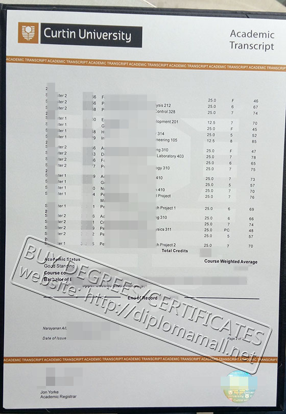 Curtin University academic transcript 