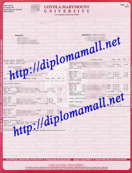 Loyola Marymount University transcript
