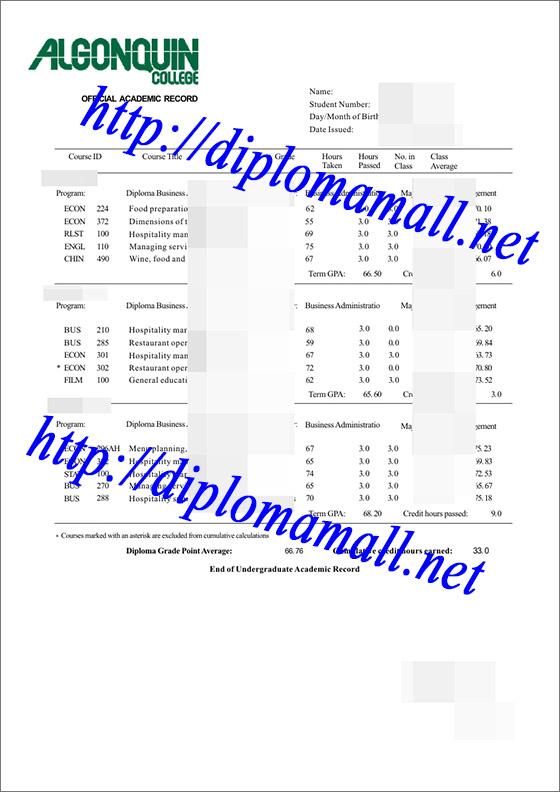 Buy transcript from Algonquin College