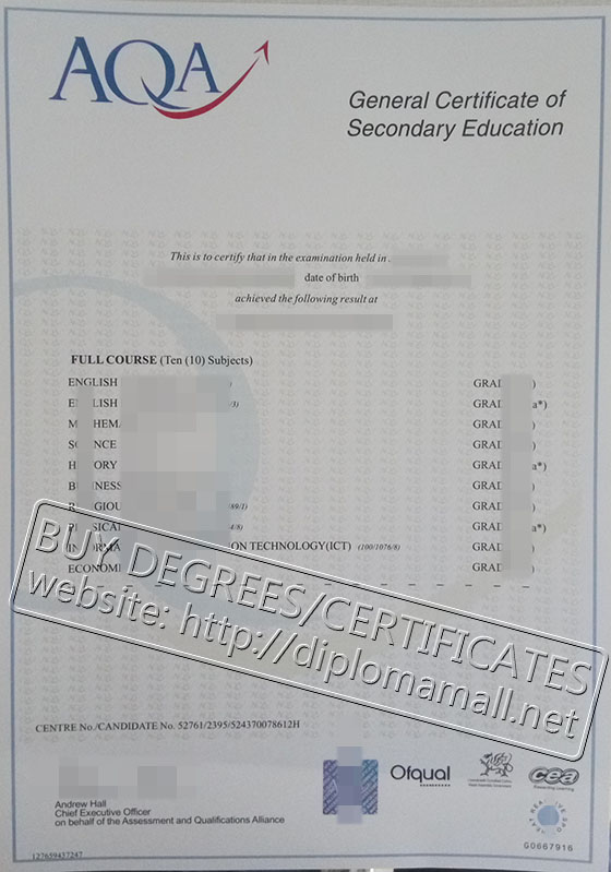 A Level certificate from AQA A Level certificate from AQA